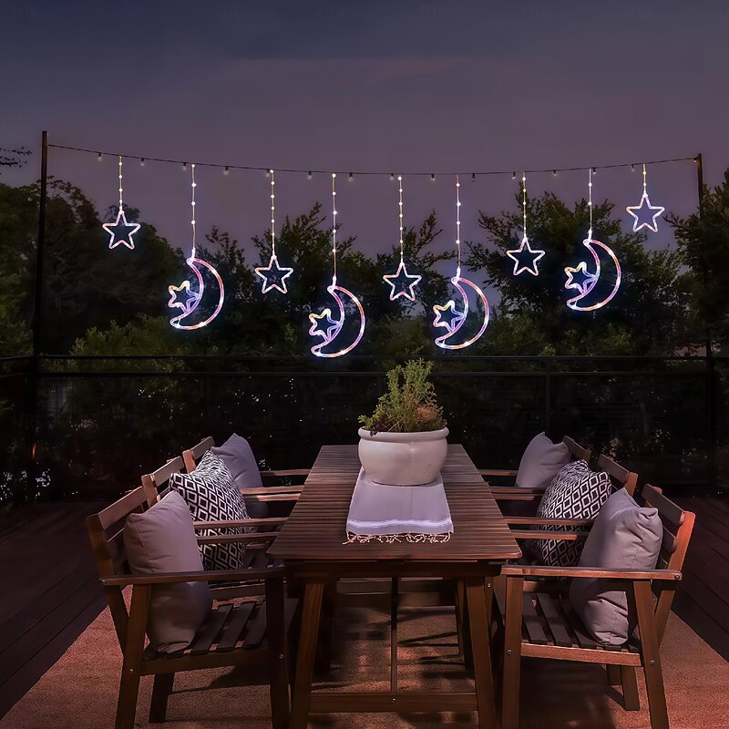 Led Decorative Light Solar Moon Star Light String Outdoor Waterproof Solar Curtain Light 8 Modes Of Hanging Ice Bar Light 1PC3