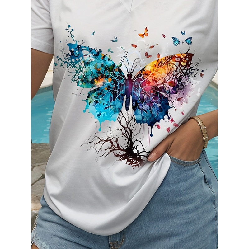 Women's T Shirt Graphic Animal Butterfly Vintage Stylish Classic Short Sleeve V Neck Regular Tops Daily Going out Weekend Print Black White Yellow Pink Red Summer Spring3