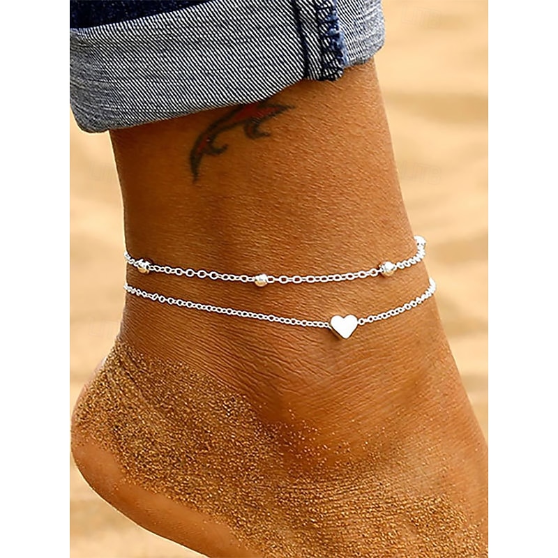 Women's Gold Heart Pendant Double Layer Anklet – Dainty Beach Foot Jewelry with Beaded Chain Design for Summer Outings and Vacation Wear