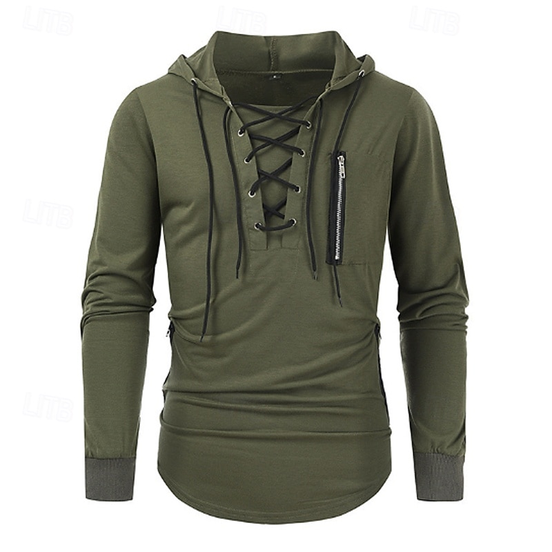Men's T Shirt Tee Tee Top Long Sleeve Shirt Long Sleeve Hooded Spring Fall Plain Fashion Designer Basic Lace up Zipper Vacation Street Going out Black Blue Brown Top Tee for Men