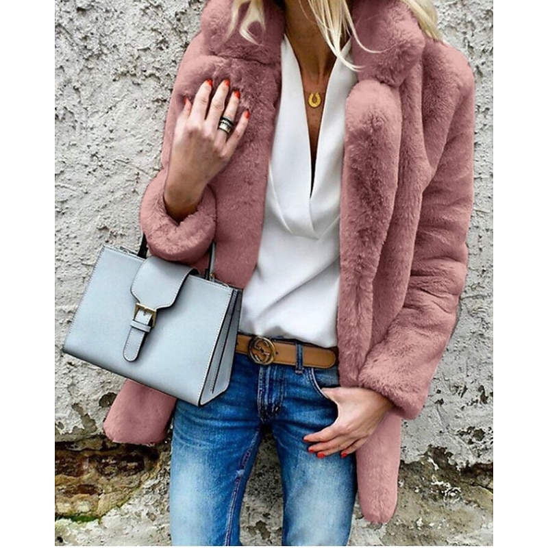 Women's Coat Warm Comfortable Fur Collar Casual Plain Going out Casual Daily Open Front Regular Turndown Regular Fit Long Sleeve Outerwear White Pink Red Fall Winter4