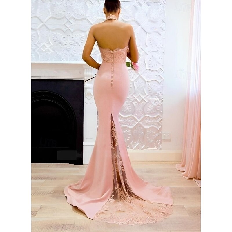 Mermaid / Trumpet Evening Gown Elegant Dress Formal Evening Party Court Train Sleeveless Halter Neck Satin with Buttons Slit2