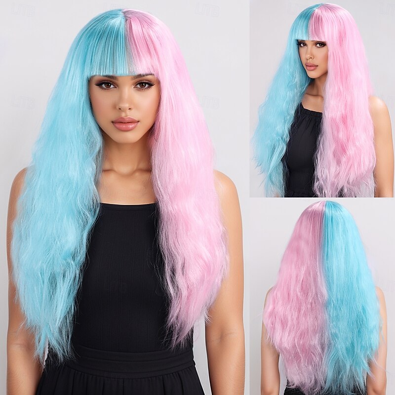 Synthetic Wig Bouncy Curl Water Wave Layered Haircut With Bangs Machine Made Wig 24 inch A1 Synthetic Hair Women's Classic Comfortable Ombre Hair Pink Blue