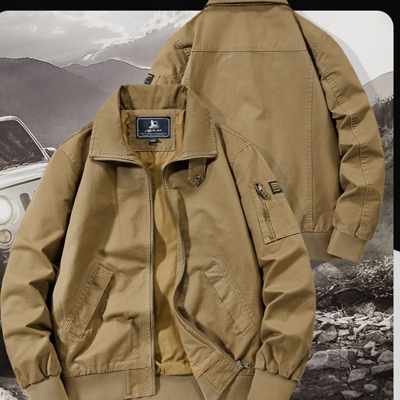 100% Cotton Men's Bomber Jacket Tactical Jacket Motorcycle Jacket Outdoor Casual Soft Multiple Pockets Spring & Fall Plain National Flag Casual Comfortable Stand Collar Black White Khaki Green4