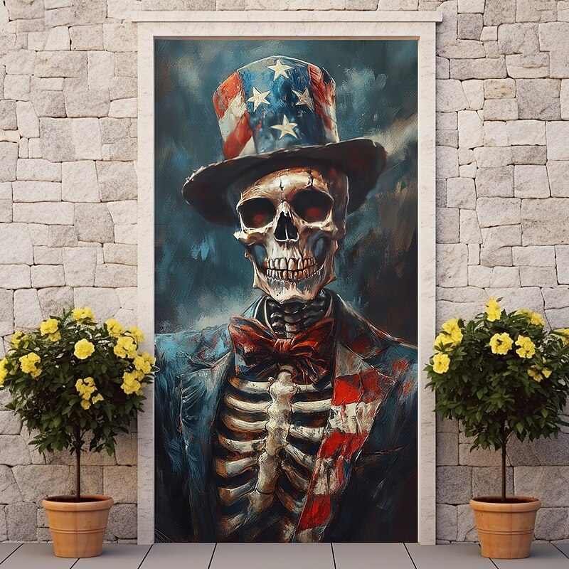 Halloween Skull Door Decorations Door Covers 4th of July Patriotic Independence Day Backdrop Indoor/Outdoor Door Banner for Front Door Farmhouse2