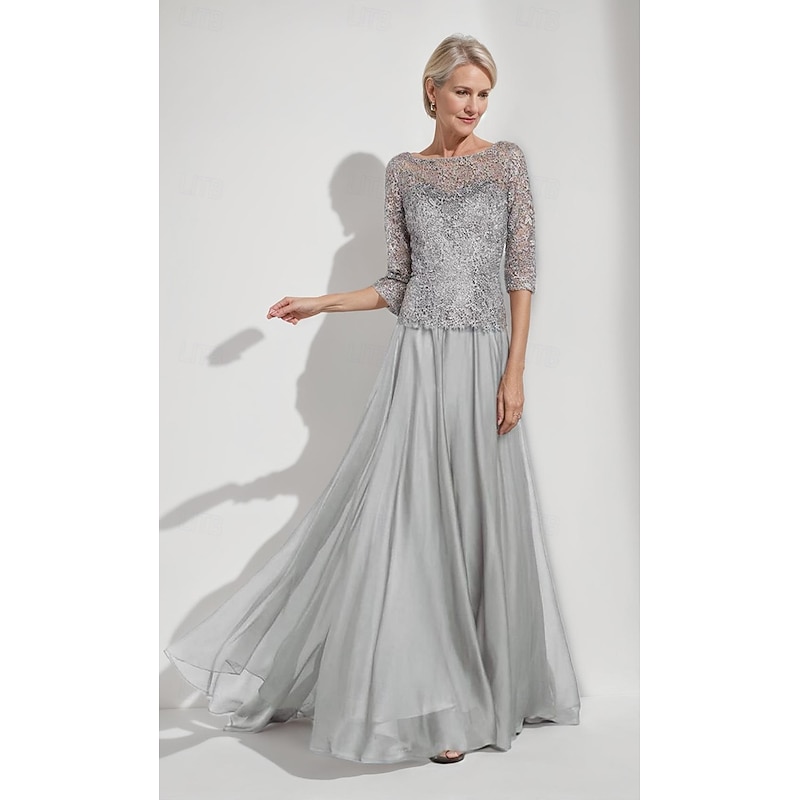 A-Line Mother of the Bride Dress Elegant Simple Minimalist Boat Neck Floor Length Chiffon Half Sleeve with Lace
