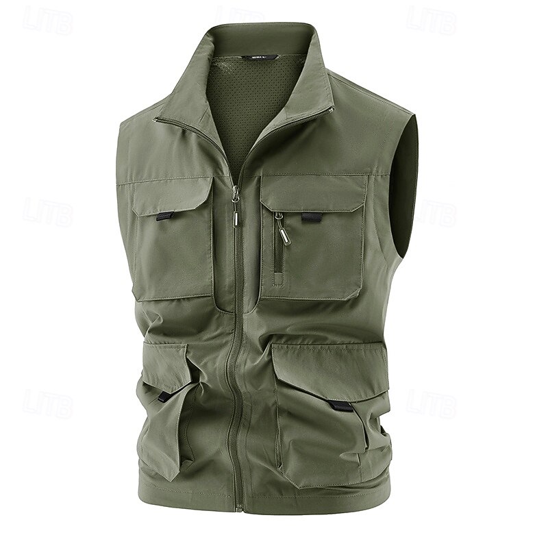 Men's Fishing Vest Hiking Vest Sleeveless Vest Outdoor Thermal Warm Lightweight Breathable Zipper Polyester Black Army Green Khaki Hunting Fishing Climbing