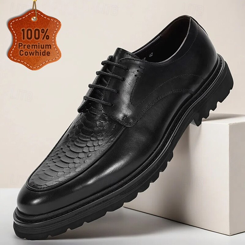 Men's Black Genuine Cowhide Leather Crocodile-Pattern Dress Shoes – Elegant Formal Shoes for Business, Weddings and Special Events