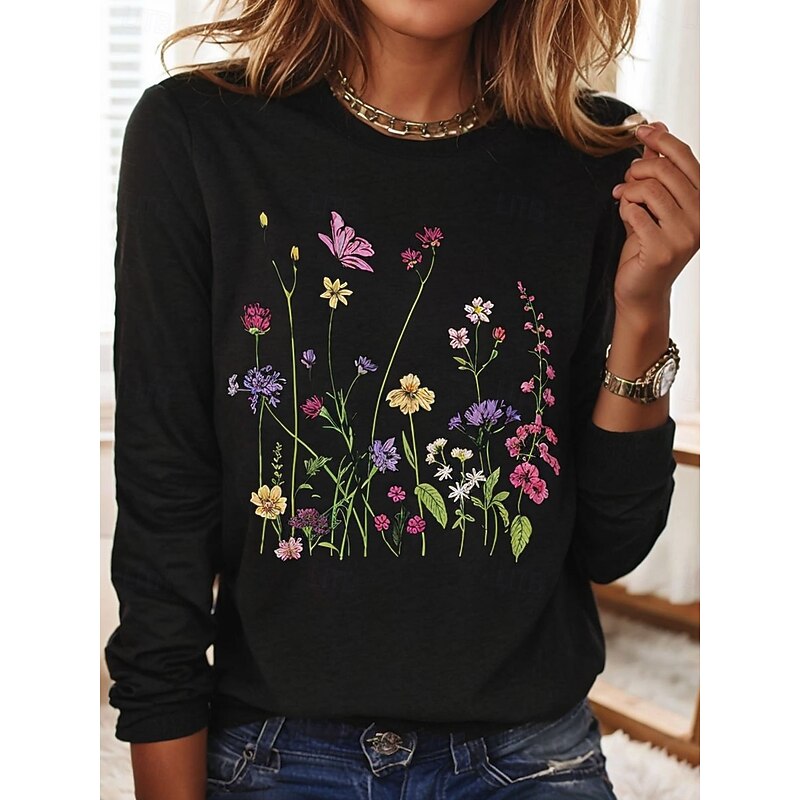 Women's T shirt Crew Neck Long Sleeve Tunic Floral Graphic Plants Vintage Stylish Classic  Round Neck Regular Tops Daily Print Black White Khaki Fall4