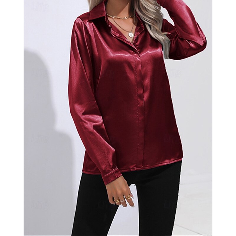Women's Shirt Silk Shirt Plain Daily Stylish Casual Long Sleeve Shirt Collar Regular Tops Work Daily Holiday Buttons Black White Wine Spring Fall2