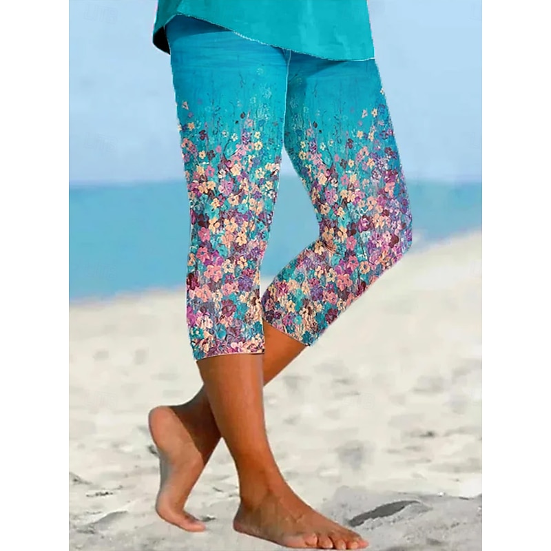 Women's Leggings Vacation Vintage Ethnic Style Calf-Length High Waist Floral Graphic Gradient Soft Comfortable Breathable Stretchy Vacation Street Causal Cobalt Blue Fuchsia Green Summer Spring Fall