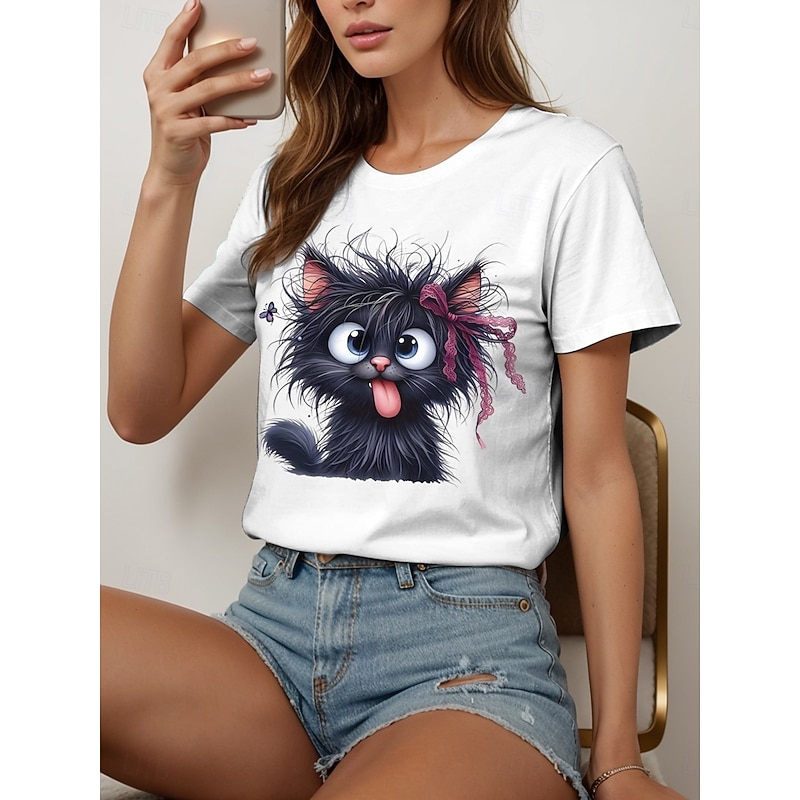 Women's T Shirt Graphic Animal Cat Vintage Stylish Classic Short Sleeve Crew Neck Round Neck Regular Tops Daily Weekend Print Black White Red Blue Purple Summer Spring
