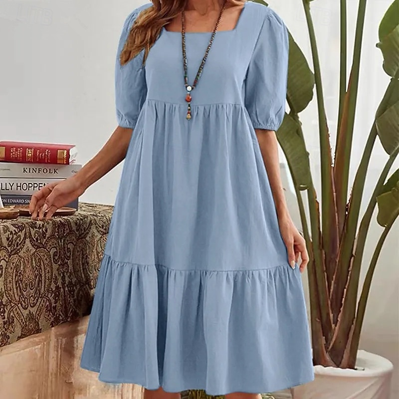 Women's Mini Dress Casual Dress Classic Modern Outdoor Vacation Holiday Regular Fit Plain Short Sleeve Square Neck Dark Green Beige Light Blue Summer3
