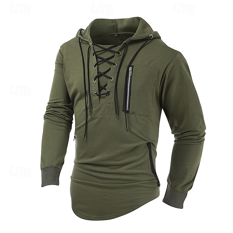 Men's T Shirt Tee Tee Top Long Sleeve Shirt Long Sleeve Hooded Spring Fall Plain Fashion Designer Basic Lace up Zipper Vacation Street Going out Black Blue Brown Top Tee for Men2
