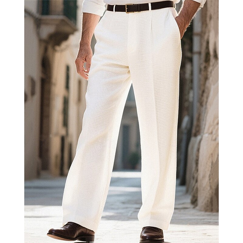 Men's Dress Pants Trousers Chinos Slacks Waffle Pants Pocket Buttons Jacquard Plain Comfort Formal Party Work Fashion Classic Style Black White Micro-elastic