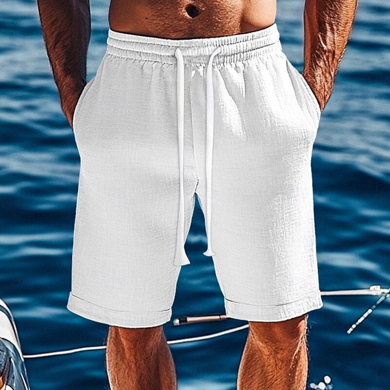 Men's Shorts Linen Shorts Summer Shorts Beach Shorts Pocket Drawstring Elastic Waist Plain Comfort Breathable Knee Length Vacation Holiday Beach Vacation Hawaiian Black White