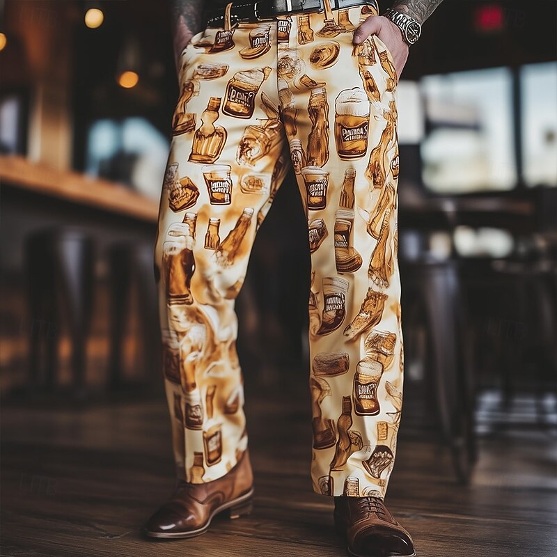 Men's Novelty Oktoberfest Beer Dress Pants Trousers Suit Pants Mid Waist Casual Vacation Holiday Regular Fit Flat-Front Straight Leg Pants with Pockets Summer Spring Fall 3D Print White Yellow2
