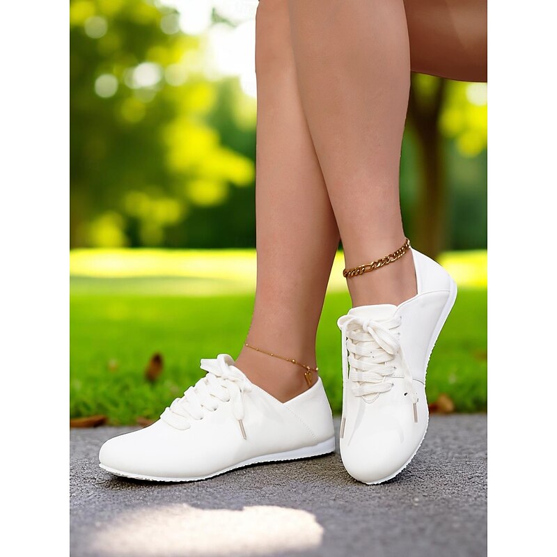 Women's White Lace-Up Casual Flat Shoes – Comfortable Lightweight Sneakers for Everyday Wear, Walking, Travel and Street Style Outfits