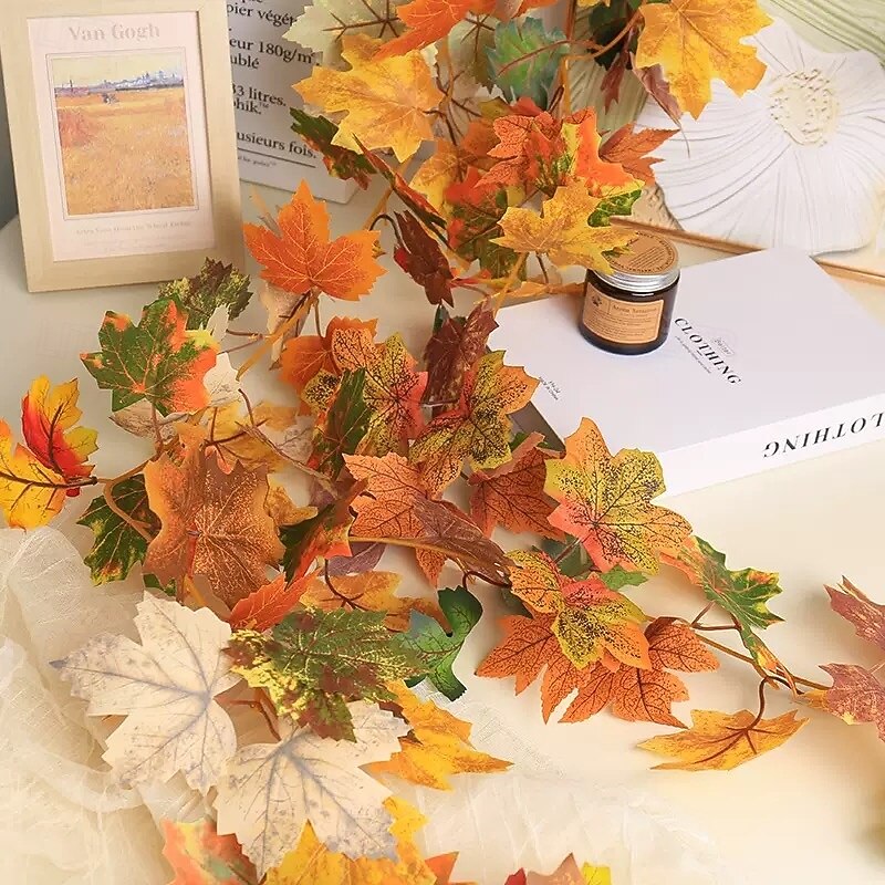 Fall Artificial Maple Leaf Garland, Halloween and Thanksgiving Harvest Vine Decoration, Realistic Faux Autumn Leaves for Indoor and Outdoor Use2