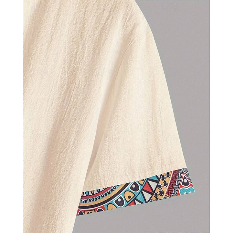 Men's Shirt Linen Shirt Casual Shirt Button Up Shirt Cotton Shirt Color Block Vacation Street Apricot Short Sleeve Band Collar Summer Clothing Apparel Splice4