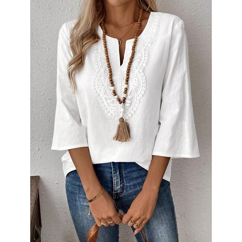Women's Lace Shirt Solid Color Stylish Casual 3/4 Length Sleeve V Neck Regular Tops Daily Lace Patchwork White Red Blue Gold Summer Spring3