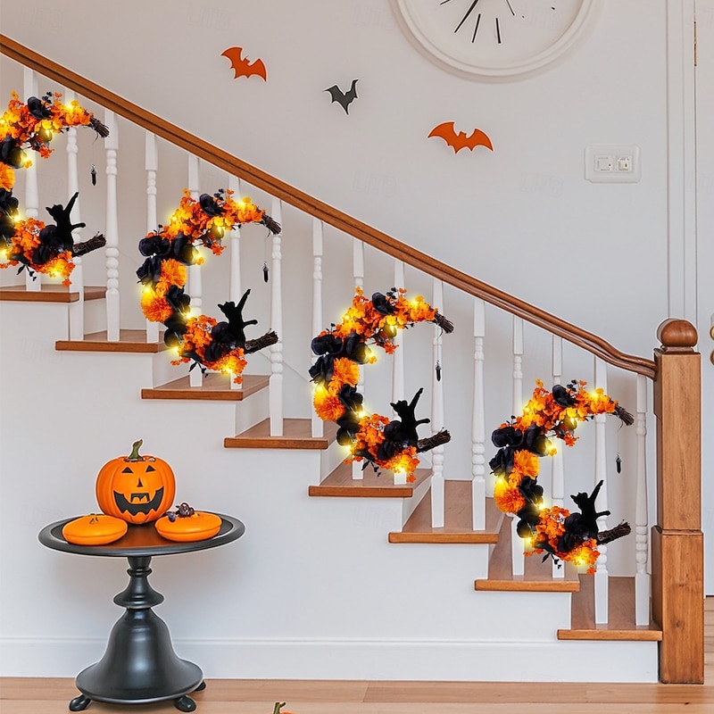 Halloween Curved Moon Wreath with Black Cat, Orange and Black Crescent Moon Door Hanger, Front Door Wreath for Outdoor Yard Porch Halloween Decoration4