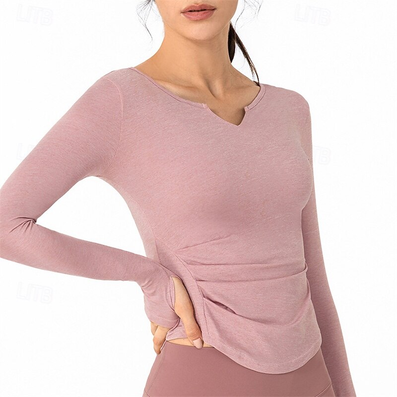 Women's Sports shirts V-neckline Skin Friendly Softness Breathable Wrinkles Long Sleeve Sports Solid Color Top For Pilates Zumba Running Activewear4