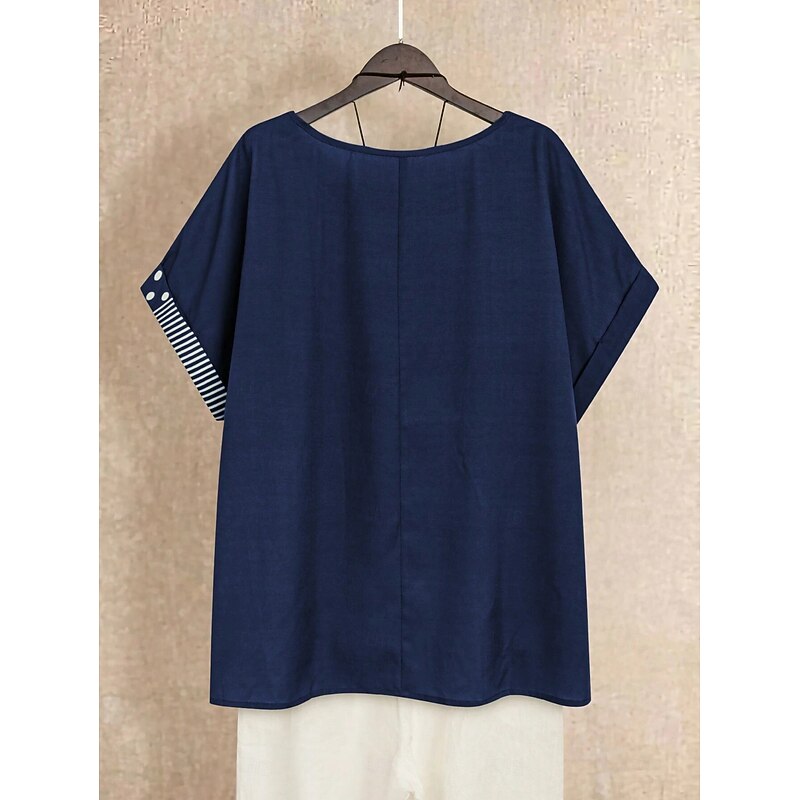 Women's Blouse Graphic Polka Dot Striped Basic Short Sleeve Crew Neck Regular Tops Holiday Buttons Print Black Navy Blue Green Summer Spring2