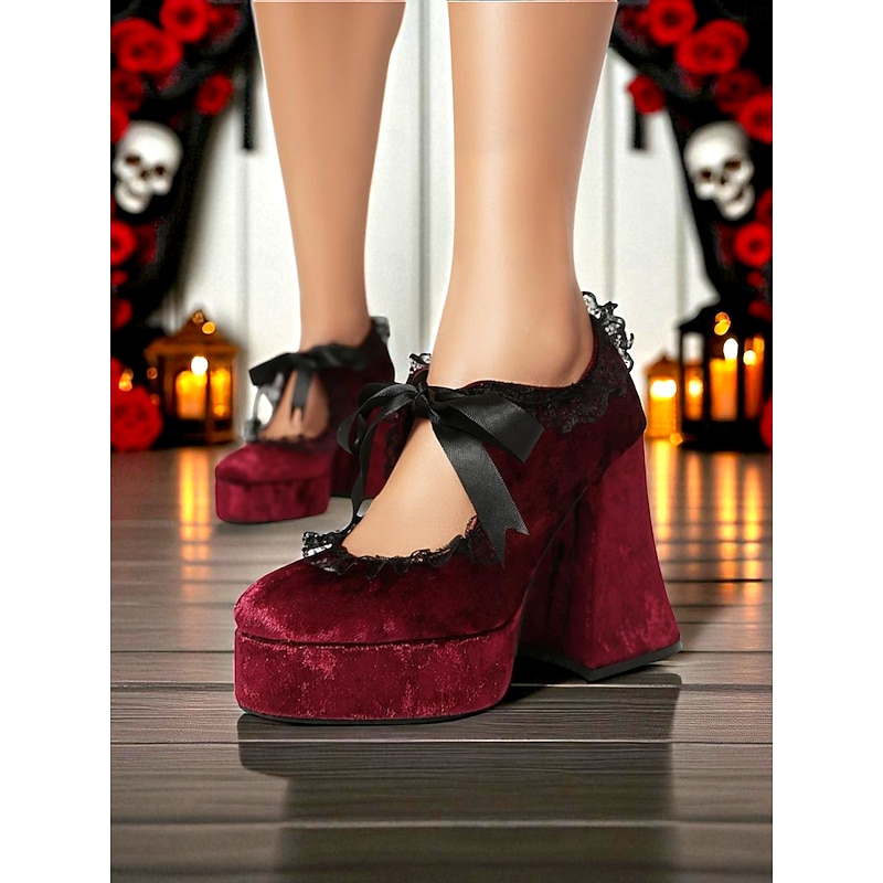 Women's 19th Century Victorian Gothic Velvet Platform Heels  -  Burgundy Mary Jane Chunky Pumps with Lace Trim and Ribbon for Halloween,Cosplay,and Lolita Fashion