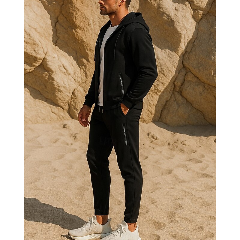 Men's Tracksuit Sweatpants Pullover Sweatshirt Drawstring Pocket Solid Colored Clothing Suit Summer Black Dark Gray Hiking Running Windproof Long Sleeve Sport Activewear Micro-elastic Regular Fit3