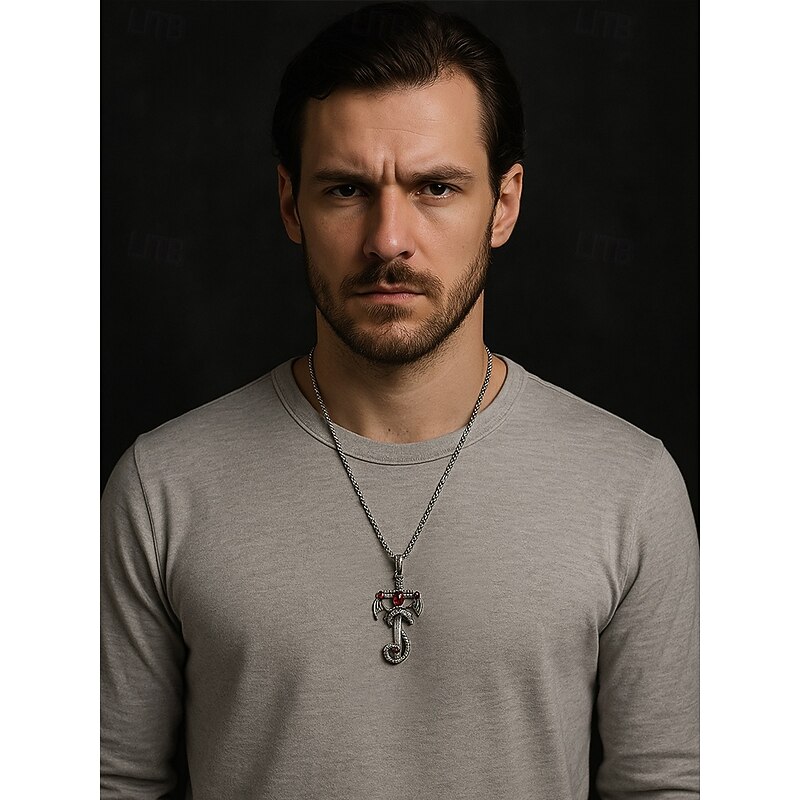Men's Gothic Dragon Sword Pendant Necklace with Red Gemstones – Vintage Style, Perfect for Halloween Parties and Gothic Events4