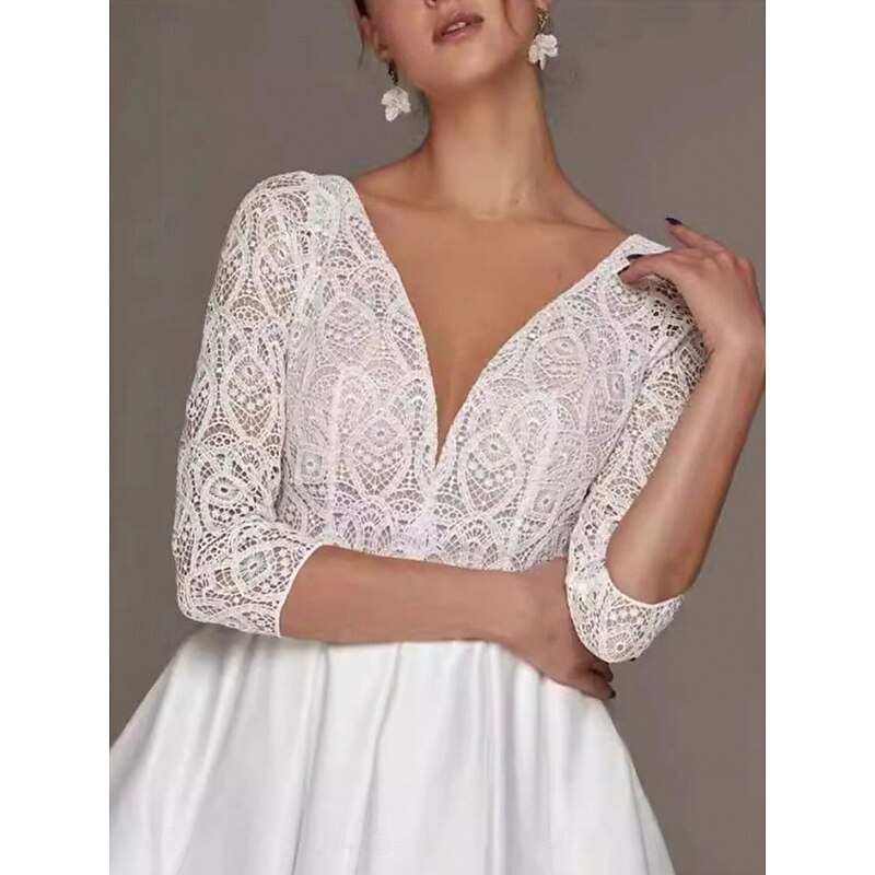 A-Line Mother of the Bride Dress Elegant Simple V Neck Tea Length Polyester 3/4 Length Sleeve with Solid Color3