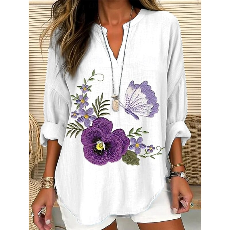 Women's Blouse Tunic V Neck Long Sleeve Boho Casual Tops Floral Graphic 3D Bohemia Vintage Tropical Regular Tops Daily Wear Print White Yellow Red Violet2