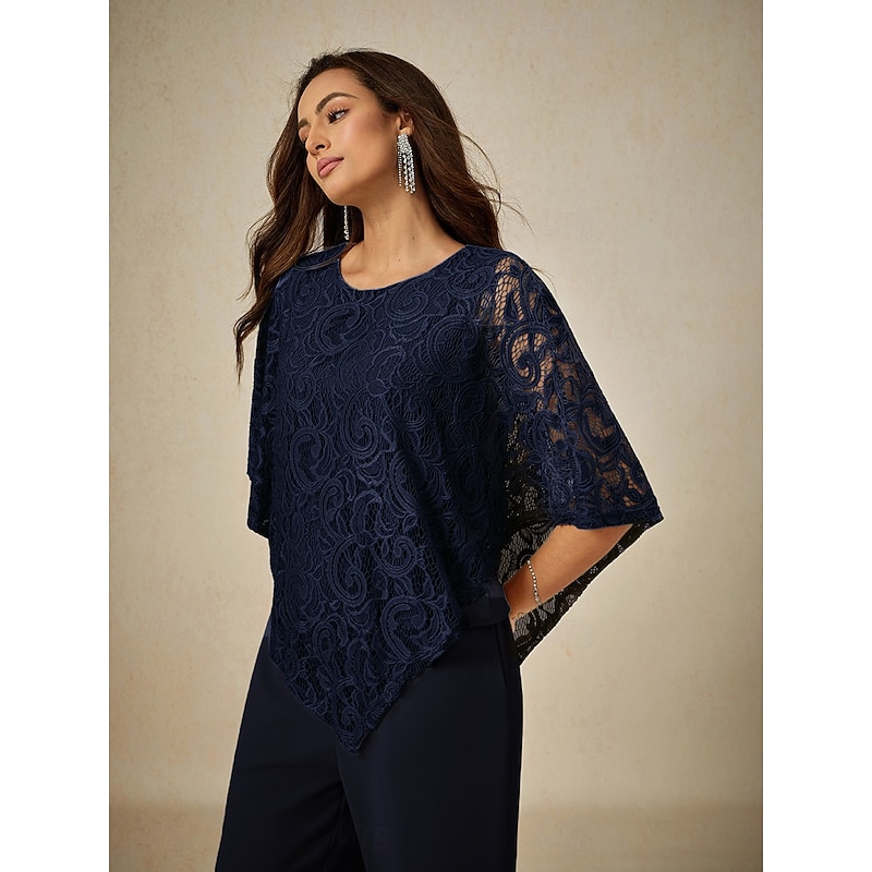 Women's Blouse Dressy Tops Plain Elegant Half Sleeve Crew Neck Regular Tops Wedding Guest Daily Lace Patchwork Layered Navy Blue Summer Spring4