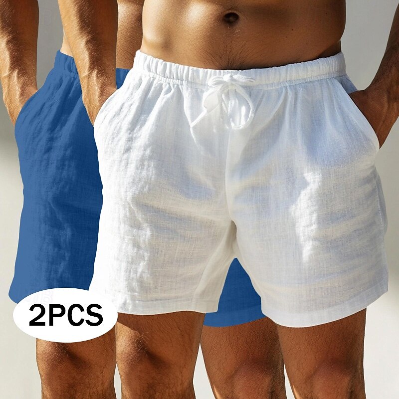Men's Shorts Linen Shorts Summer Shorts Beach Shorts Pocket Elastic Waist Drawstring Plain Comfort Breathable Short Outdoor Daily Running Vacation Fashion White+Green White+Black