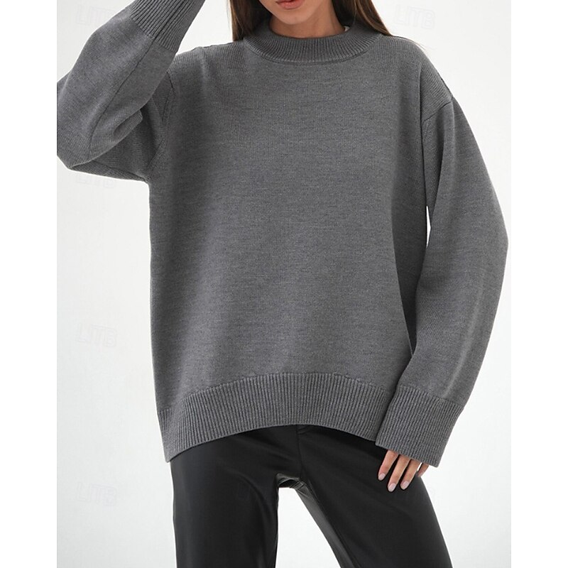 Women's Sweater Pullover Fashion Soft Solid Color Ribbed Crew Neck Knitted Long Sleeve Regular Tops Knit Holiday Going out Weekend White Brown Fall4