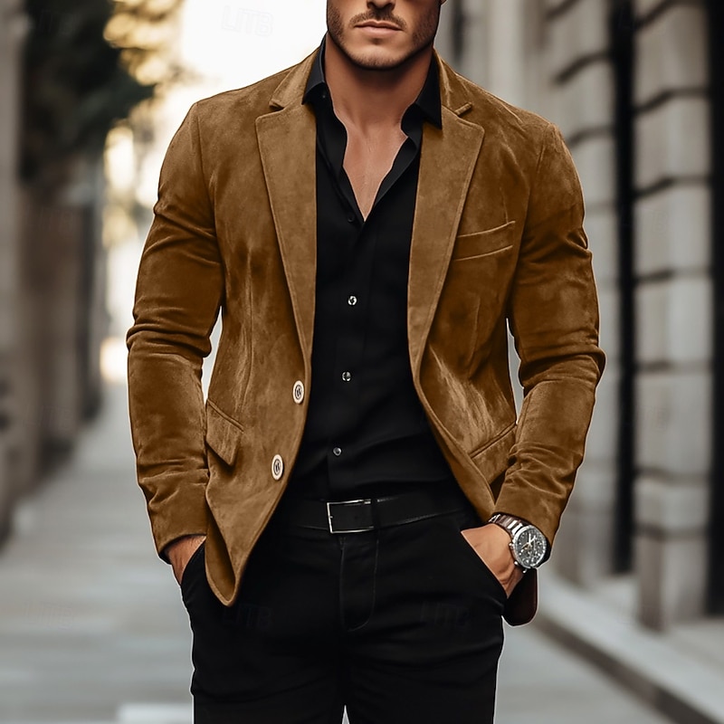 Men's Faux Suede Blazer Work Street Fashion Casual Fall / Winter Faux Suede Plain Pocket Buttons Comfortable Single Breasted Blazer Brown khaki3