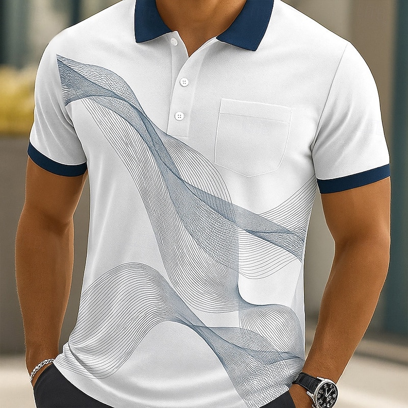 Men's Abstract Line Polo Short Sleeve Polo Shirts Turndown Business Casual Buttons Pocket Summer White