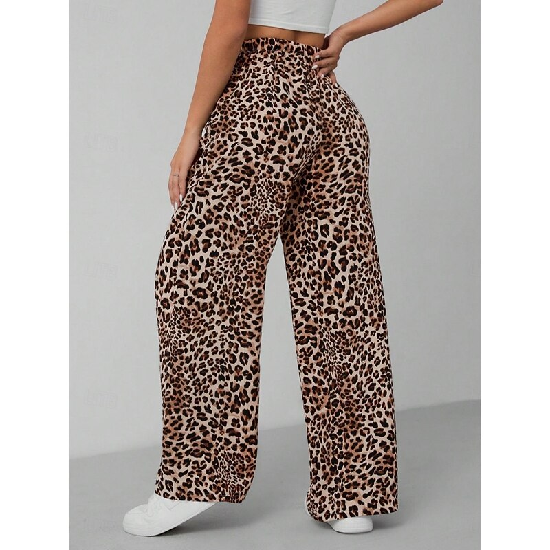 Women's Wide Leg Chinos Vacation Vintage Streetwear Full Length High Waist Leopard Pocket Elastic Waistband Printing Comfy Soft Comfortable Micro-elastic Outdoor Street Apricot Coffee Gray Summer3