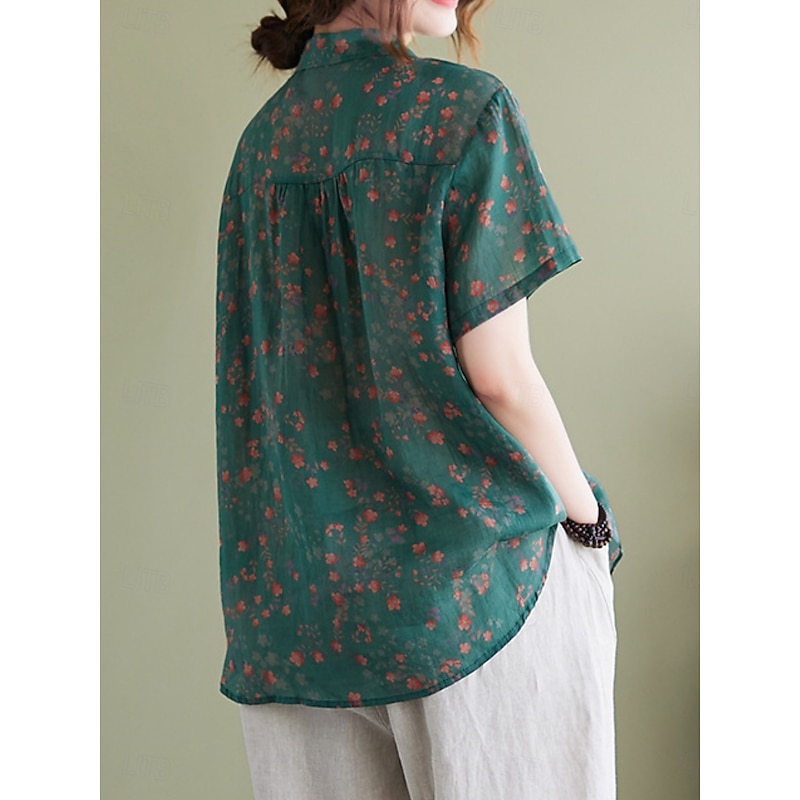 Women's Cotton Linen Shirts Floral Basic Casual Short Sleeve Shirt Collar Regular Tops Daily Buttons Print Blue Green Summer2