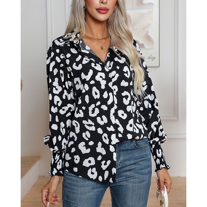 Women's Shirt Leopard Daily Stylish Basic Long Sleeve Shirt Collar Regular Tops Work Daily Holiday Buttons Print Black Spring Fall4