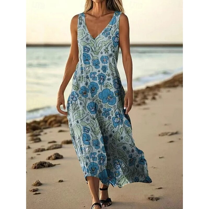Women's Long Dress Maxi Dress Casual Dress Tank Dress Summer Dress African Daily Holiday Beach Regular Fit Floral Sleeveless V Neck Yellow Blue Dark Green Green Summer2