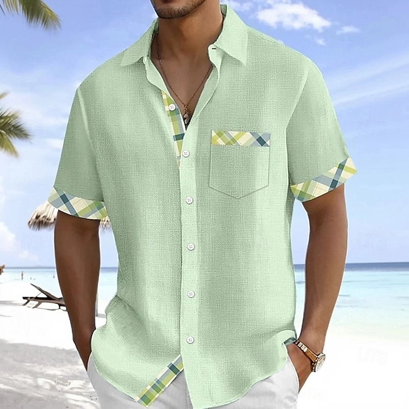 Men's Geometric Check Grid / Plaid Shirt Summer Shirt Button Up Shirt Short Sleeve Fashion Casual Vacation Holiday Streetwear Summer Turndown 3D Print Front One Pocket Linen Like Shirt Blue Green