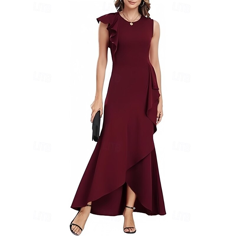 A-Line Wedding Guest Dresses Elegant Dress Wedding Guest Engagement Asymmetrical Sleeveless Crew Neck Stretch Crepe with Ruffles Slit4