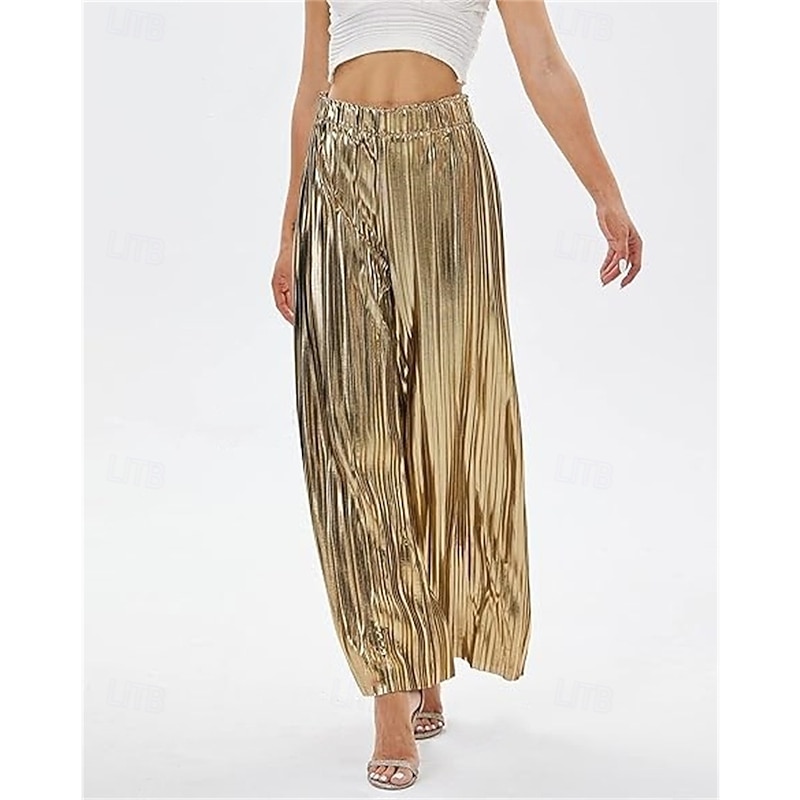Women's Pants Trousers Palazzo Pants Fashion Streetwear Full Length High Waist Plain Elastic Waist Breathability Comfortable Micro-elastic Party Going out Silver Black Gold Spring Fall Regular Fit2
