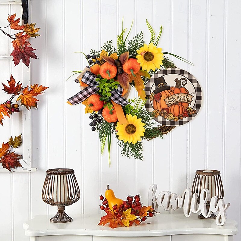 Fall Wreath for Front Door Thanksgiving Harvest Indoor Outdoor Decoration, Pumpkin Maple Leaf Hanging Garland for Autumn Porch or Wall Decor3