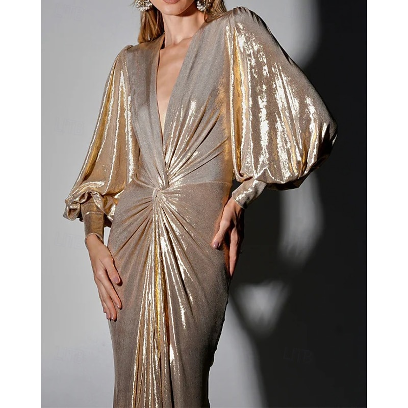 Gold Black Tie Mermaid / Trumpet Evening Gown Elegant Dress Formal Wedding Floor Length Long Bubble Sleeve Plunge Neck Stretch Lurex Fabric with Ruched2