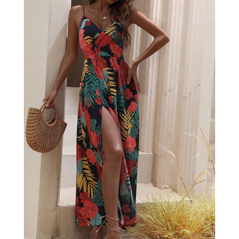 Women's Midi Dress Floral Dress Slip Dress Print Dress Classic Modern Outdoor Vacation Holiday Regular Fit Flower Sleeveless Spaghetti Strap Red Summer3