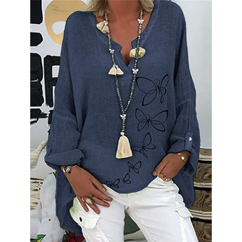 Women's Cotton Linen Shirts Butterfly Basic Casual Long Sleeve Shirt Collar Regular Tops Daily Print White Pink Navy Blue Purple Green Summer Fall4
