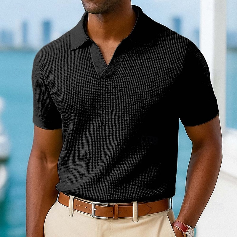 Men's Waffle Polo Shirts Polo Shirts Vacation Casual V Neck Ribbed Polo Collar Short Sleeve Fashion Basic Plain Textured Buttons Soft Summer Spring Regular Fit Camel Black White Blue Green Grey4